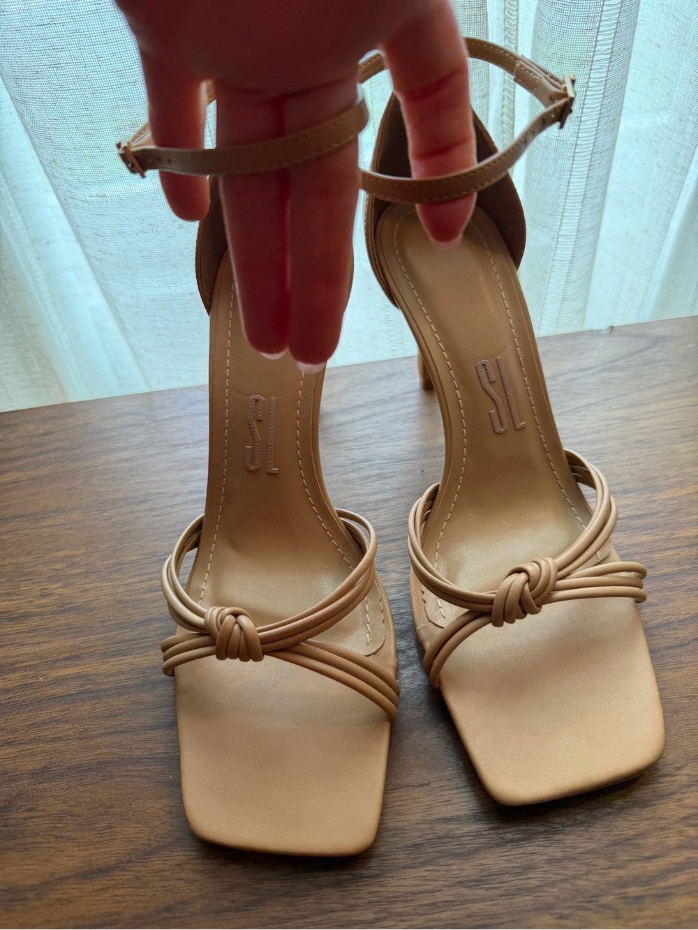 Knotted Strap Ankle-Heel Sandals in Beige